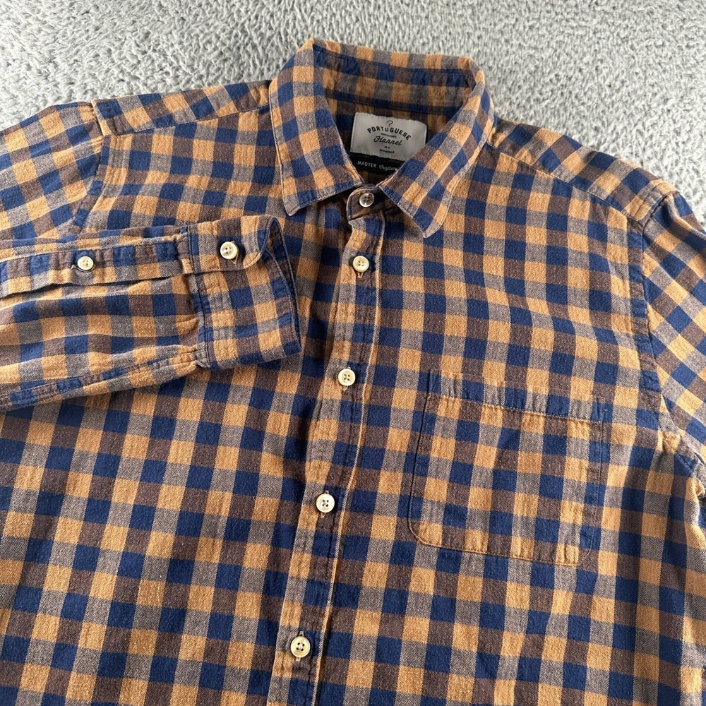 Portuguese Flannel‎ Shirt Mens L Tan Blue Check Master Craftsmen Button Up
